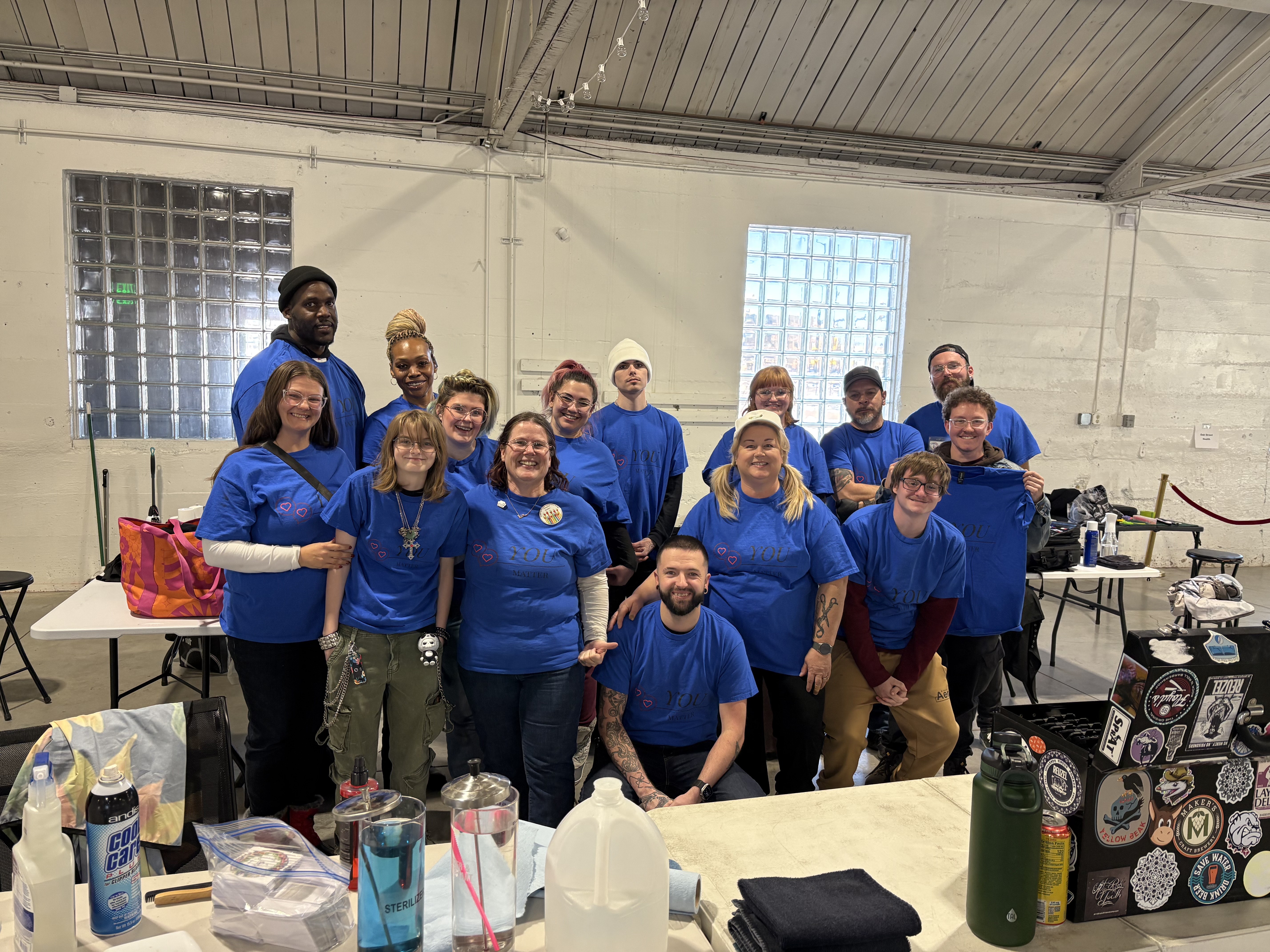 Volunteer team in blue shirts